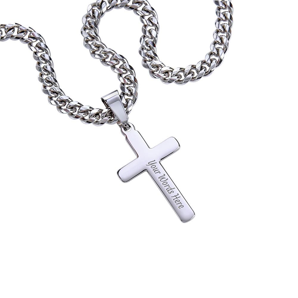 Cuban Chain Cross Necklace Gift for Him | Personalized Engraved Fathers Day Gift | From Daughter | From Son | Dads Birthday
