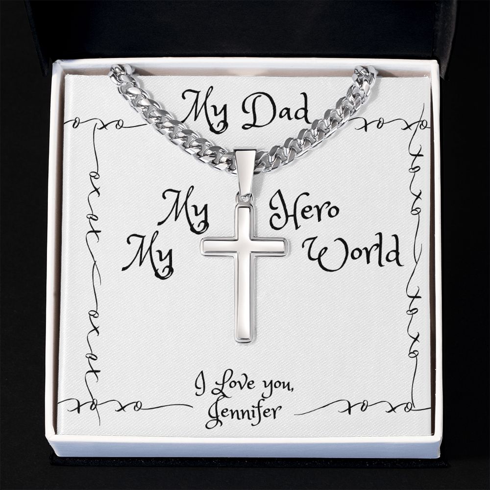 Cuban Chain Cross Necklace Gift for Him | Personalized Engraved Fathers Day Gift | From Daughter | From Son | Dads Birthday