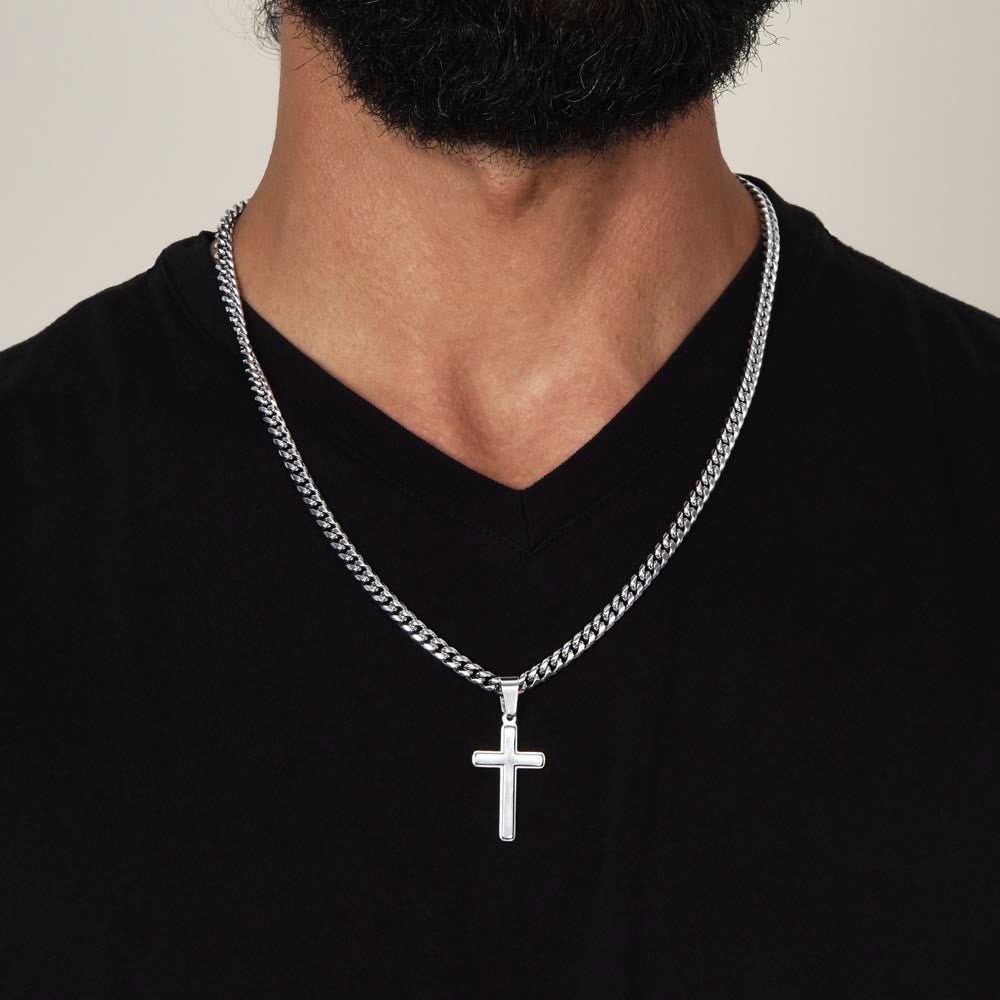 Cuban Chain Cross Necklace Gift for Him | Personalized Engraved Fathers Day Gift | From Daughter | From Son | Dads Birthday