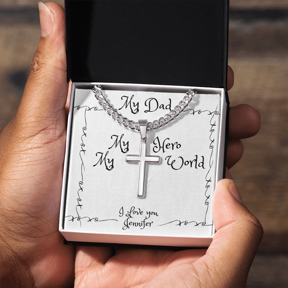 Cuban Chain Cross Necklace Gift for Him | Personalized Engraved Fathers Day Gift | From Daughter | From Son | Dads Birthday