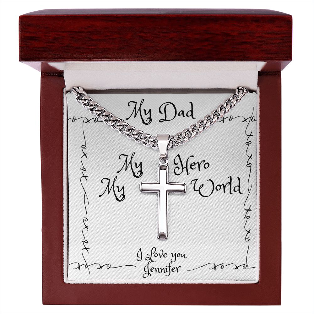 Cuban Chain Cross Necklace Gift for Him | Personalized Engraved Fathers Day Gift | From Daughter | From Son | Dads Birthday
