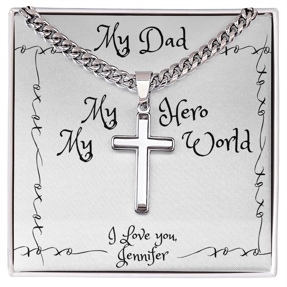 Cuban Chain Cross Necklace Gift for Him | Personalized Engraved Fathers Day Gift | From Daughter | From Son | Dads Birthday