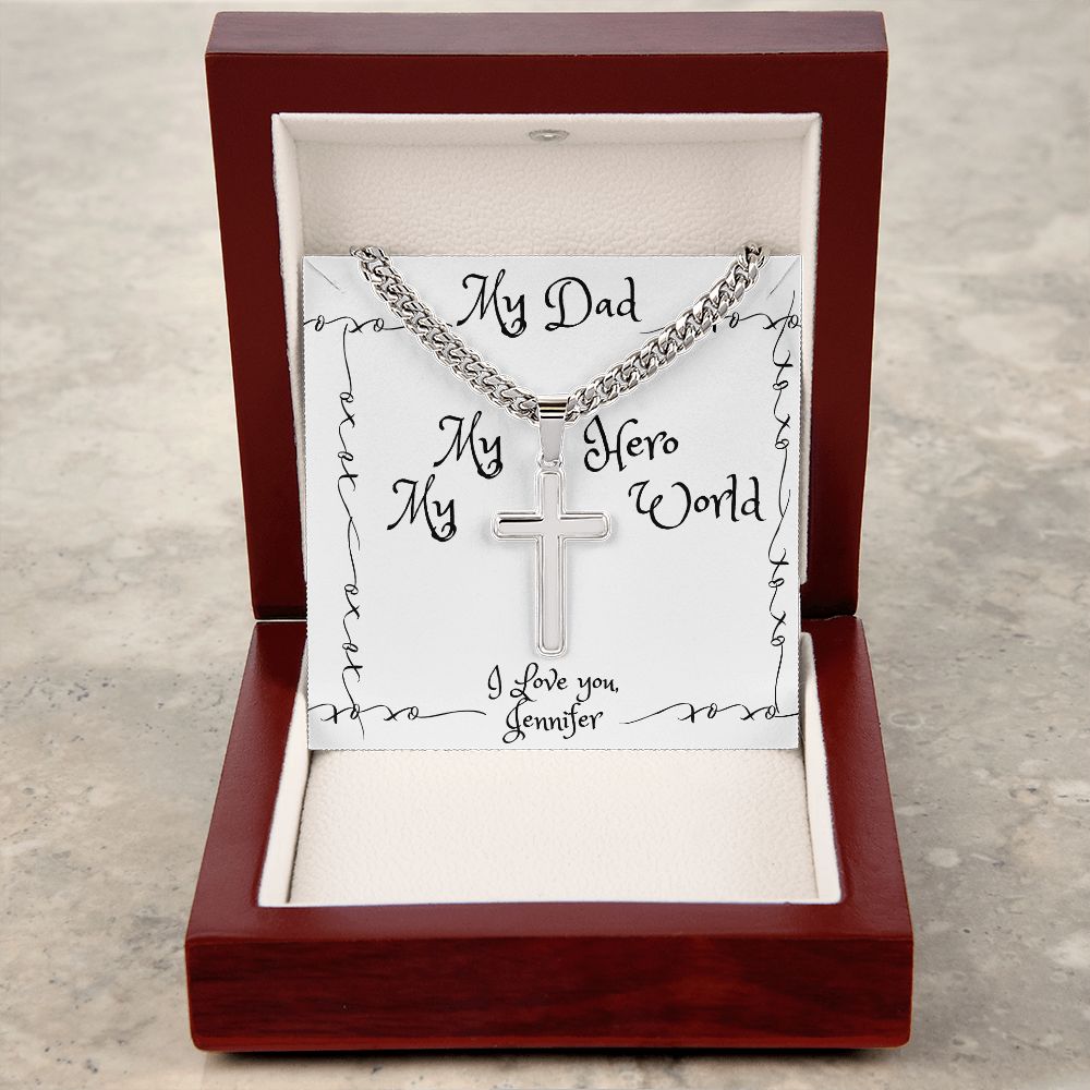 Cuban Chain Cross Necklace Gift for Him | Personalized Engraved Fathers Day Gift | From Daughter | From Son | Dads Birthday