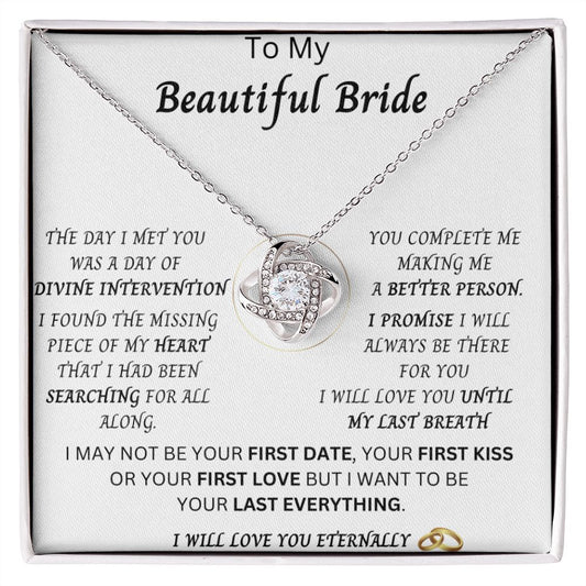 To My Beautiful Bride | Future Wife | Wedding Anniversary Jewelry Gift Present | Love Knot Pendant with Complete Message Card and Gift Box