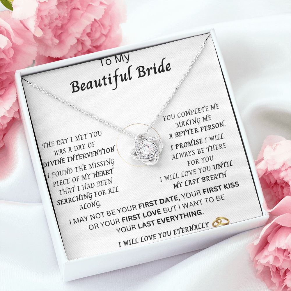To My Beautiful Bride | Future Wife | Wedding Anniversary Jewelry Gift Present | Love Knot Pendant with Complete Message Card and Gift Box