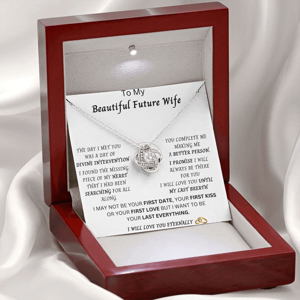 To My Beautiful Future Wife | Bride | Wedding Anniversary Jewelry Gift Present | Love Knot Pendant with Complete Message Card and Gift Box