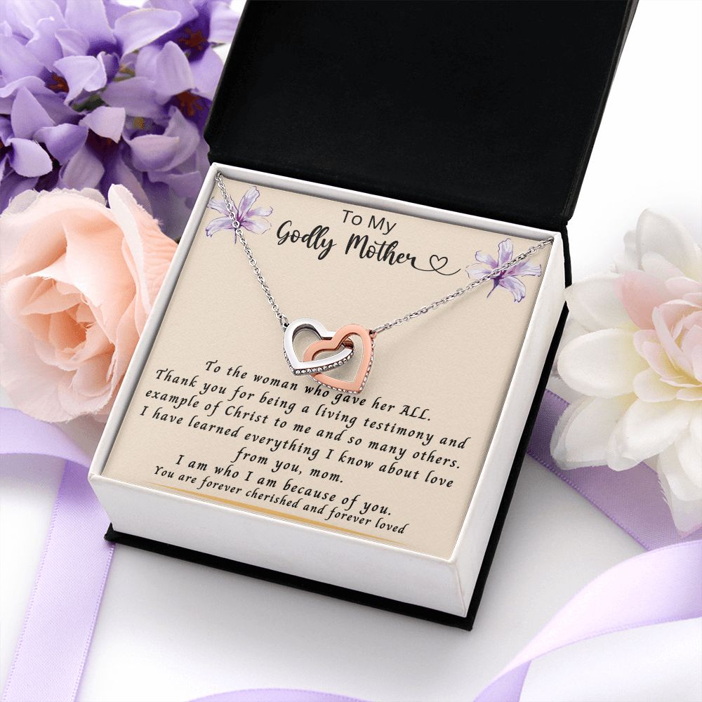 Gift for Mom | From Daughter, Meaningful Gift, Mom Gift from Son, Mom Present, Word Quote Jewelry, Interlocking Hearts Necklace To My Godly Mother