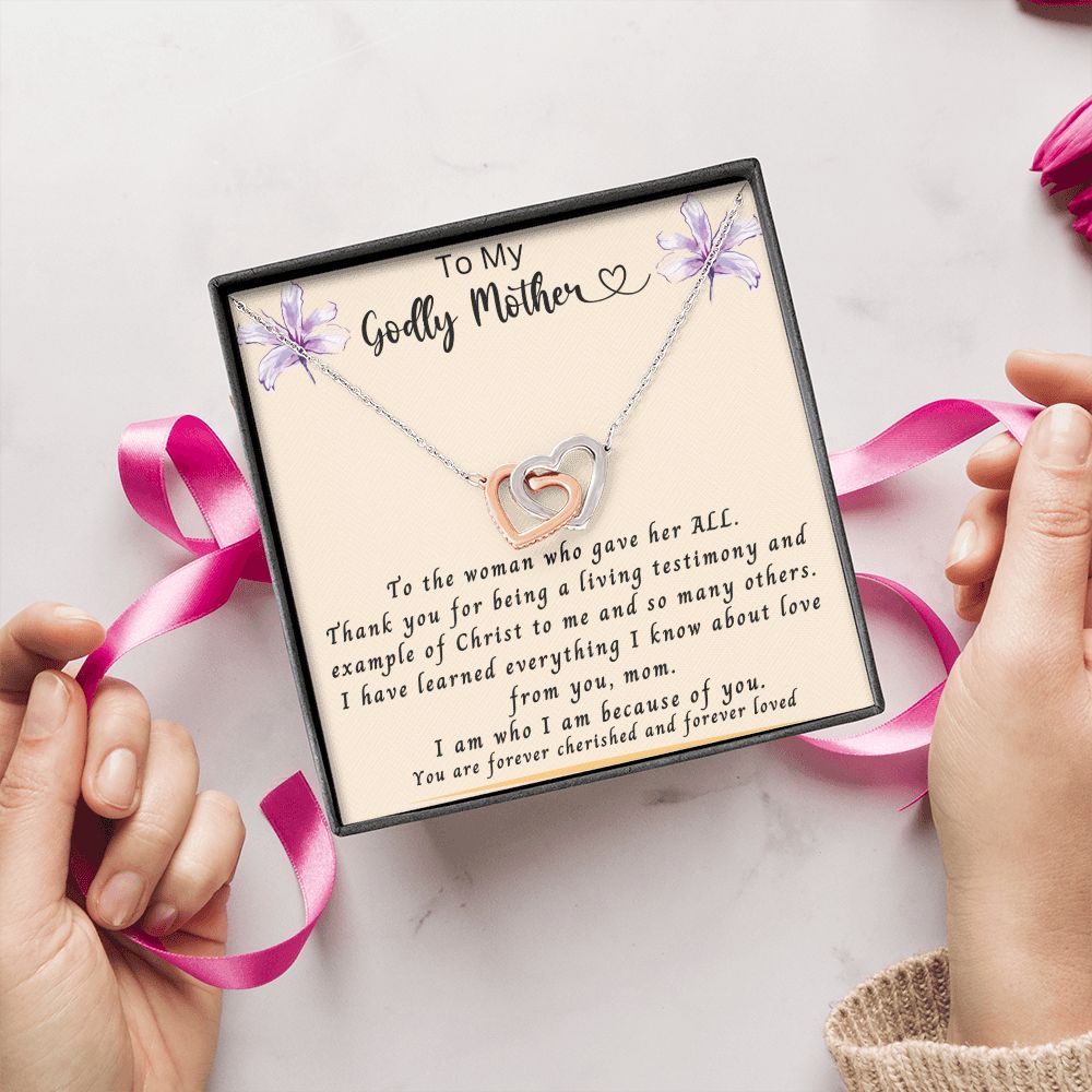 Gift for Mom | From Daughter, Meaningful Gift, Mom Gift from Son, Mom Present, Word Quote Jewelry, Interlocking Hearts Necklace To My Godly Mother