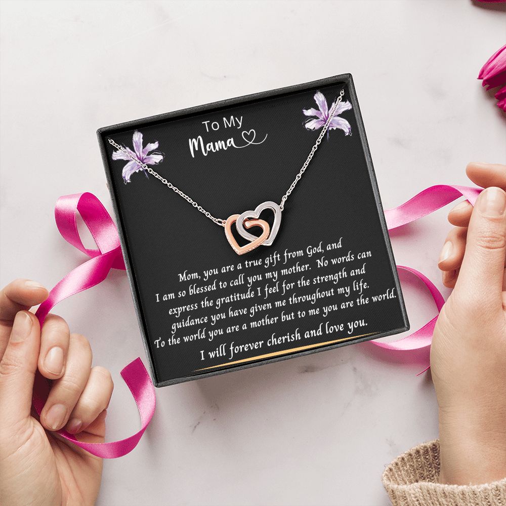 Gift for Mom | From Daughter, Meaningful Gift, Mom Gift from Son, Mothers Day Necklace, Word Quote Jewelry, Interlocking Hearts Necklace To My Mama