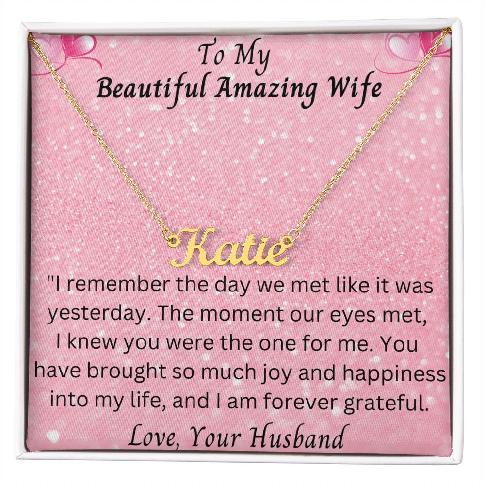 The Day We Met Personalized Name Necklace Custom Pendant Valentines Day Gift for Wife From Husband 18K Yellow Gold Finish