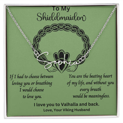 Shieldmaiden Necklace Viking Jewelry Gift for Wife Custom Signature Name Pendant Female Gifts for Anniversary with Message Card and Gift Box