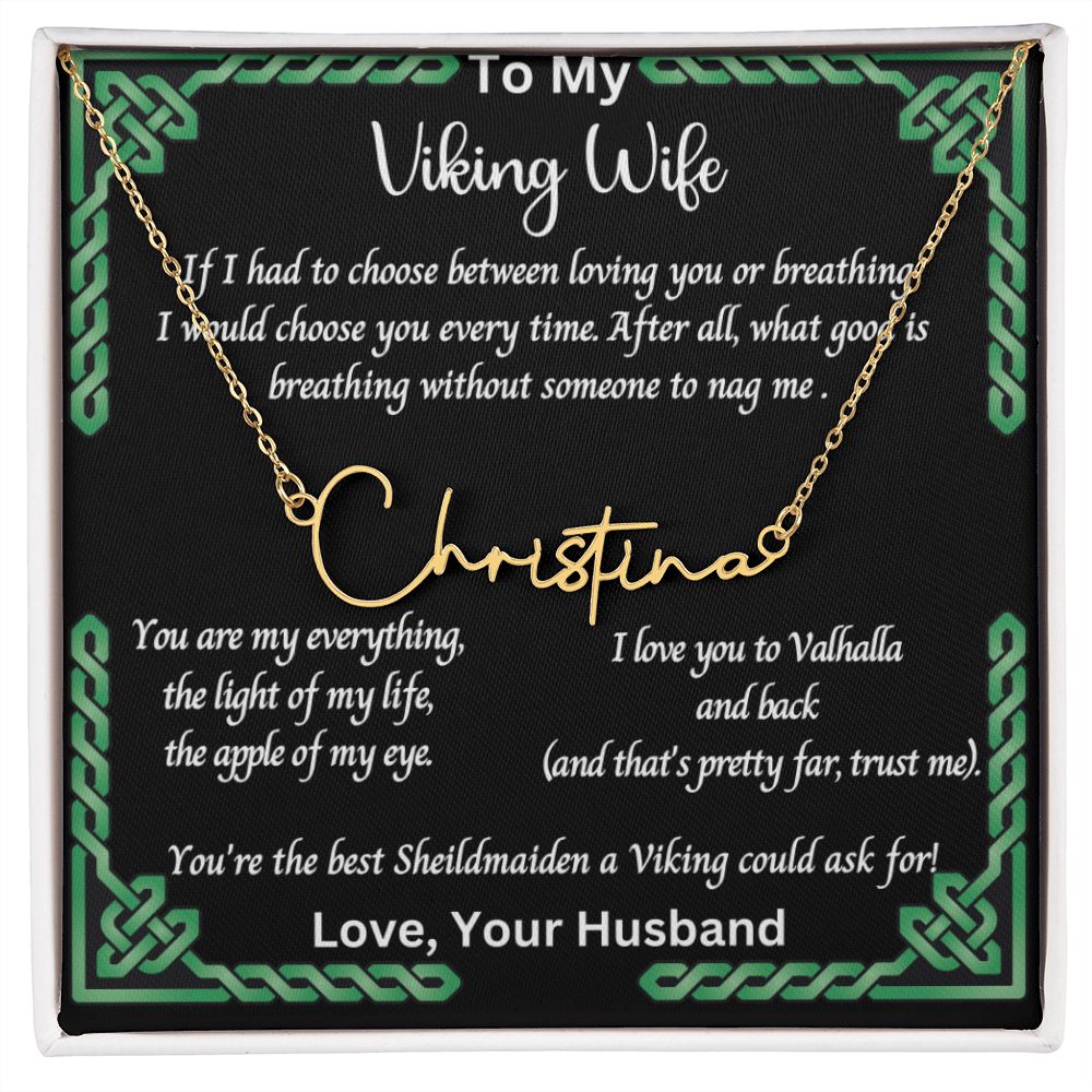 Shieldmaiden Necklace To My Viking Wife Anniversary Jewelry Gift Custom Signature Name Pendant Anniversary with Message Card and Gift Box