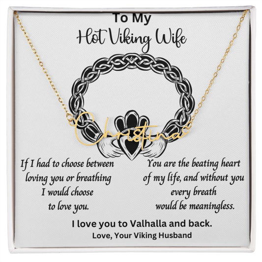 Shieldmaiden Necklace Hot Viking Wife Anniversary Jewelry Gift Custom Signature Name Pendant Anniversary with Message Card and Gift Box