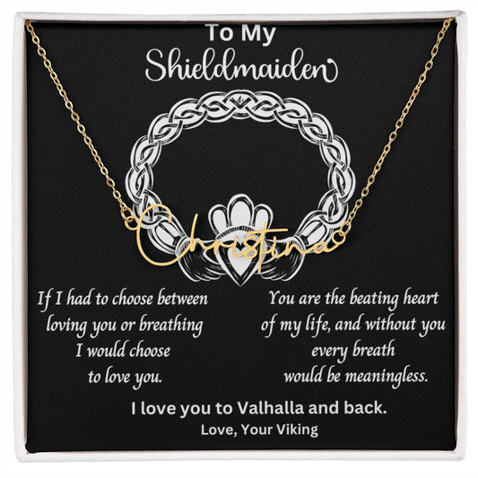 Shieldmaiden Necklace Viking Jewelry Gift for Wife Custom Signature Name Pendant Female Gifts for Anniversary with Message Card and Gift Box